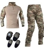 Men’s Camouflage Tactical Suit – 1/4 Zip Long Sleeve Military Combat Shirt and Pants Set with Knee Pads