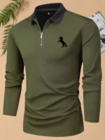 Refined Casual Comfort: Men’s Long Sleeve Polo Shirt with Horse Print - Image 3