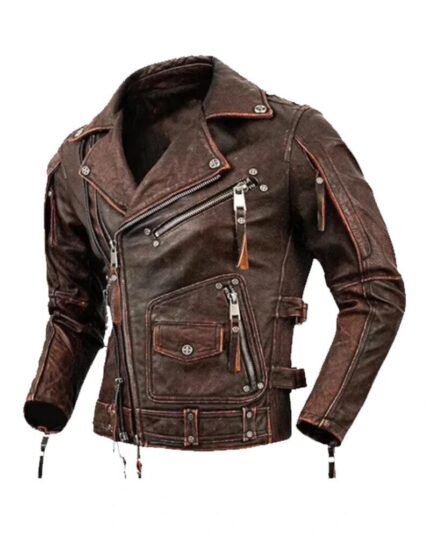 Men Genuine Cowhide Motorcycle Jacket Men’s Vintage Brown Padded Leather Biker Jacket – Distressed Motorcycle Armor Style